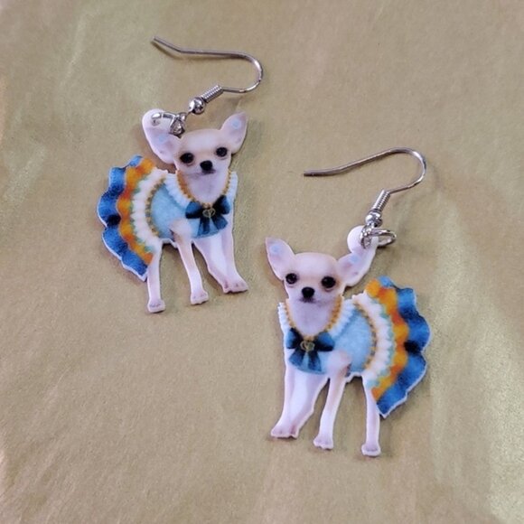 Blue Dress Chihuahua Dog Earrings Cute Pets Princess Gift Chi - Picture 1 of 2